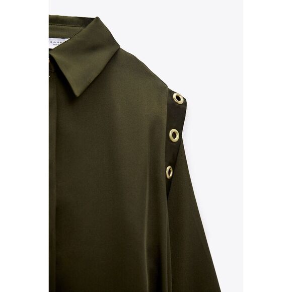 Green Zara Collared Button Down Belted Grommet Ring Long Sleeve Midi Dress (NWT) - Picture 5 of 8